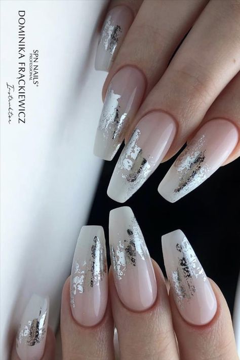 Nail Designs With Silver Foil, White And Silver Foil Nails, French And Silver Nails, Silver Foil Nail Designs, Christmas Foil Nails, Nail Foil Ideas, Nails Foil Designs, Nail With Foil, Nail Foils Designs