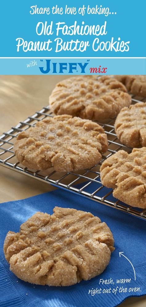 Who can resist warm, soft, chewy cookies baked fresh. Introduce your family to the love of baking, with Old Fashioned Peanut Butter Cookies. ❤️

Made with: "JIFFY" Pie Crust Mix. Jiffy Mix Dessert Recipes, Jiffy Peanut Butter Cookies, Jiffy Pie Crust Mix Recipes, Old Fashioned Peanut Butter Cookies, Jiffy Mix Recipes, Jiffy Recipes, Soft Chewy Cookies, Pie Crust Cookies, Baking Mix Recipes