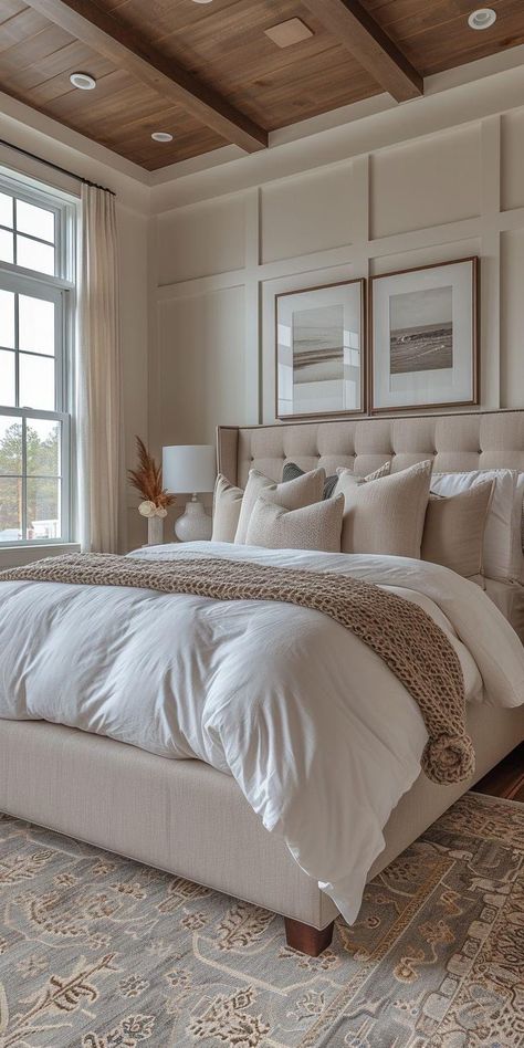 Back Bedroom Ideas, Neutral Modern Master Bed, Coastal Classic Bedroom, Vaulted Ceiling Bedrooms, Tall Ceiling Bedroom Decor, Vaulted Master Ceiling, Modern Farmhouse Bedroom Master Suite Vaulted Ceilings, Vaulted Ceiling Bedroom Decor, Cozy Master Suite Ideas