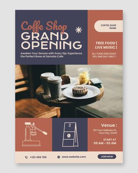 Grand Opening Coffee Shop Poster Template AI, EPS, PSD New Shop Opening Poster, Cafe Opening Poster, Coffee Graphics Design, Opening Coffee Shop, Poster Kopi, Grand Opening Design, Coffee Shop Japan, Grand Opening Poster, Grand Opening Banner