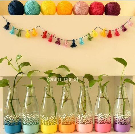 ,simple bottle decoration ,reusing wine bottles for water ,how to use waste bottles for decoration ,how to decorate old bottles Glass Bottles Art For Plants, Diy Bottle Decor For Plants, Glass Container Decor Ideas, Glass Bottle Vase Diy, Recycled Crafts Useful Creative Aesthetic, Bottle Art For Plants, Botal Painting Ideas, Bottel Craft Painting, Glass Bottle Plants Ideas