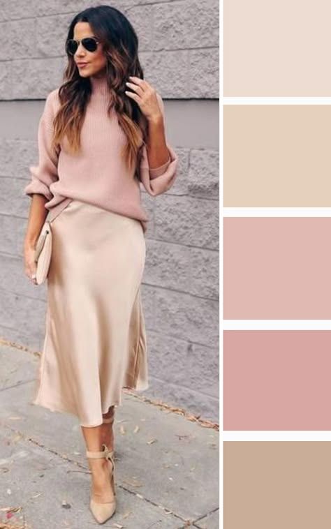 Pastel Combinations Outfits, Pastel Business Outfit, Taupe Color Combinations Outfit, Brown And Pink Outfit Color Combos, Peach Inspired Outfit, Color Outfit Combinations, Cool Summer Color Palette Outfits, Pink And Beige Outfit, Silk Shirt Outfit