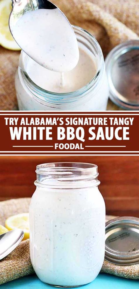 For a twist on traditional barbecue, give our tangy white BBQ sauce a try. An Alabama favorite, this delicious condiment is creamy and tart with just a hint of sweetness, and it's perfect for summer grilling. It goes well with chicken, pork, and so much more. Get the recipe now on Foodal. #barbecuesauce #bbqsaucerecipe #grilling #foodal White Barbeque Sauce, Barbeque Sauces, White Barbecue Sauce, Diy Condiments, Barbecue Ideas, Alabama White Sauce, White Bbq Sauce, Keto Sauces, Barbecue Sauce Recipes