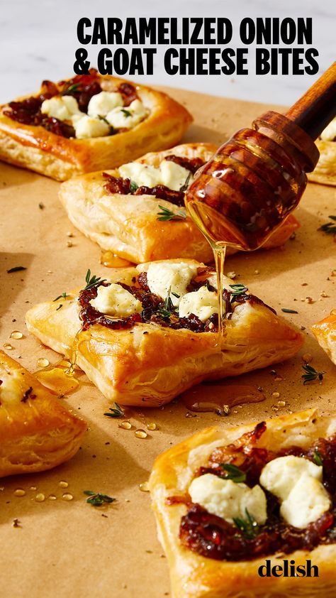 Frozen puff pastry is a great staple to have in your freezer at all times. It can transform almost any ingredient into a showstopping bake. This recipe uses... Goat Cheese Bites, Feta Bites, Cheese Bites Recipe, Puff Pastry Appetizers, Pastry Appetizer, Fall Appetizers, Tart Baking, Cheese Bites, Caramelized Onion