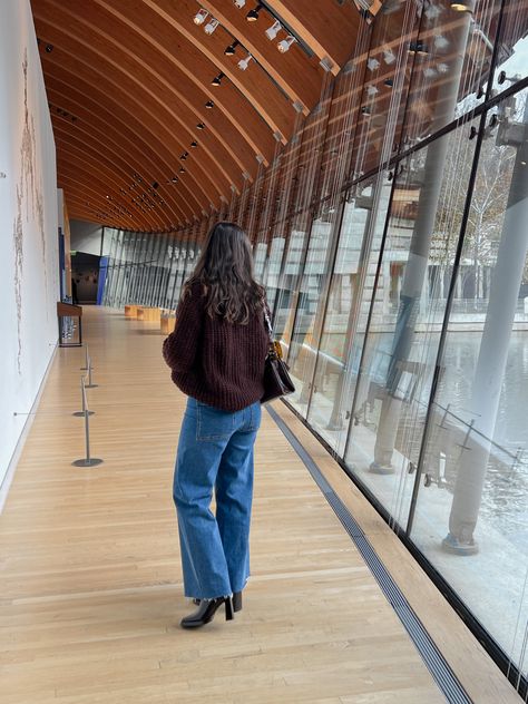 Denim With Boots Outfit, Jeans Knee High Boots Outfit, Heeled Boots Outfit Jeans, Winter Museum Date Outfit, Knee High Boots Jeans Outfit, Museum Date Outfit Winter, Winter Museum Outfit, Jeans And Knee High Boots Outfit, Jeans With Boots Outfit