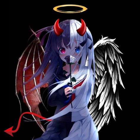 Half Demon Half Angel Girl, Anime Halo Angel, Devil Anime Female, Half Angel Half Demon Wallpaper, Half Angel Half Demon Art, Angel And Devil Art, Black And White Hair Anime, Half Angel Half Devil, Demonic Angel