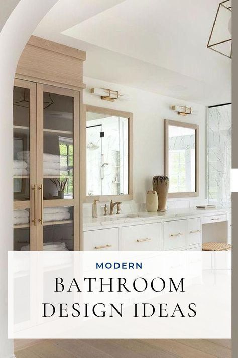 Beautiful modern bathroom design ideas for 2022 & 2023, including master and guest bathrooms, half baths and powder rooms, decor, & inspiration images from Pinterest Master Bath Vanity Cabinets, Master Bath New Build, Master Bath Inspiration Modern Farmhouse, Bathroom Remodel Inspiration Board, Bright Master Bath Ideas, Mirrors In Master Bath, Long Bathroom Layout Ideas Floor Plans, New Home Bathroom Ideas, Bathroom Remodel Guest Bath