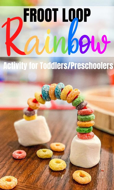 Froot Loop Rainbow Activity for Toddlers & Preschoolers Tasty Tuesday Preschool, Rainbow Crafts Preschool, Rainbow Activity, Froot Loop, Preschool Cooking, Rainbow Snacks, Modern Homestead, Rainbow Activities, Fine Motor Activity