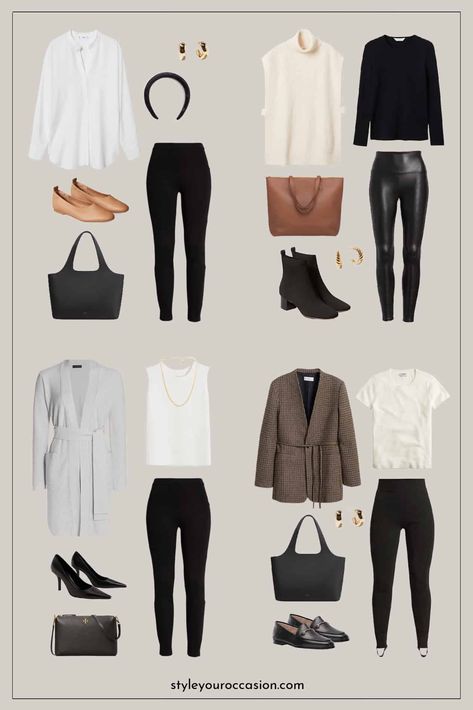 Looking for black leggings outfit ideas or leggings outfits for work? These business casual leggings outfit ideas will keep you feeling chic and sophisticated at the office (and for happy hour after!). Get faux leather leggings outfit ideas, ways to wear trendy stirrup leggings, and more! Black Legging Work Outfit, Business Casual Leggings Outfit, Dressy Leggings Outfit, Winter 2020 Outfits, Business Casual Leggings, Date Outfit Winter, Black Leggings Outfit Winter, Leggings Work Outfit, Casual Leggings Outfit