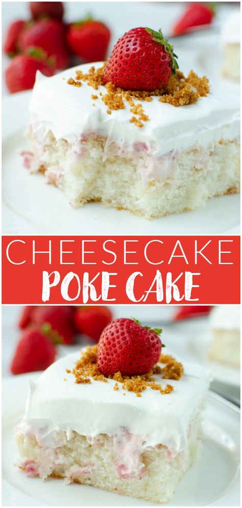 Cheesecake Poke Cake Recipes, Strawberry Cheesecake Poke Cake, Cheesecake Poke Cake, Strawberry Cheesecake Filling, Strawberry Poke Cake, Fake Ginger, Strawberry Poke Cakes, Strawberry Things, Cake Delicious