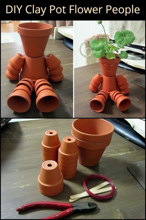 How To Paint Eyes On Clay Pots, Clay Pot Landscaping Ideas, Terracotta Pots People, Flower Pot People Diy How To Make, Claypot People Diy Projects, Clay Pot People Instructions, How To Make Flower Pot People, Christmas Clay Pot People, Plant Pot People Terra Cotta