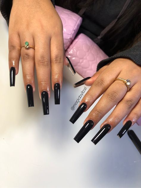 Black Acrylic Nails Aesthetic, Black Long Acrylic Nails Square, Long Black Nails Ideas, Black Acrylic Nails Long, Nails Ideas Black Women, Black Nails Square Long, Long Black Acrylics, Full Black Nails, Pretty Long Nails Acrylic