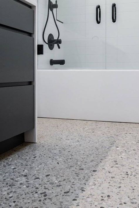 Terrazzo Concrete Floor, Cement Floors In House, Concrete Floor Bathroom, Polished Concrete Floor Kitchen, Poured Concrete Floor, Polished Concrete Bathroom, Bathroom Concrete Floor, Concrete Floors Living Room, Polished Cement Floors