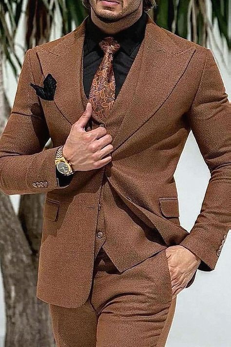 Find the trendy wedding guest outfit for him.#weddingguestfashion #guestlookformen Brown Three Piece Suit Men, Suits For Men Wedding Classy, 3 Piece Suit Men Wedding, Hollywood Suits, Brown Suits For Men, Men Wedding Dress, Men Wedding Suit, Suit For Men Wedding, Formal Suits Men