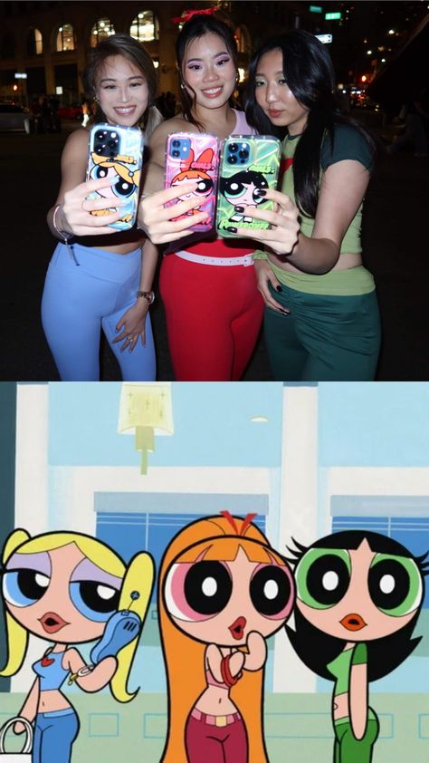 Powerpuff girls as teenagers cute simple Y2K 90’s style for last minute Halloween costume for group of 3 girls. Bubbles, Blossom, Buttercup Halloween Costumes Ppg, Buttercup Powerpuff Outfit Ideas, Costume For 3 Girls Friends, Powerpuff Girls Costume Black Women, Trio Halloween Costumes Powerpuff, Simple Trio Costumes, Halloween Costumes Power Puff, Powerpuff Girls Costume College, Halloween Cartoon Costumes