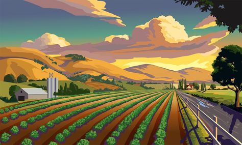 Agriculture Painting Ideas, Farm Digital Art, Agriculture Drawing, Agriculture Aesthetic, Aesthetic Backgrounds Horizontal, Agriculture Illustration, Agriculture Landscape, Agriculture Art, Farm Drawing