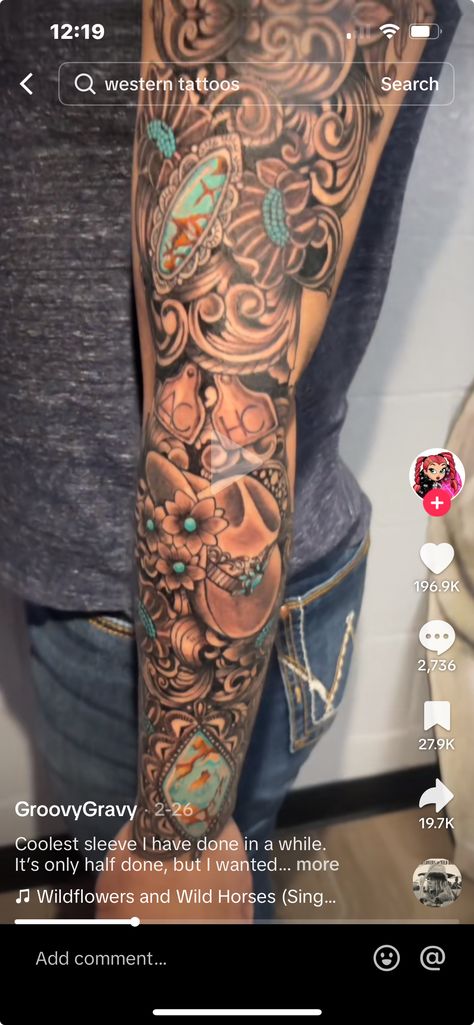 Farm Tattoo Sleeve, Womens Sleeve Tattoo Ideas Western, Leather Tooling Tattoo Ideas, Western Women’s Sleeve Tattoos, Western Quarter Sleeve Tattoo, Tattoo Ideas Female Western Sleeve, Forearm Western Tattoo, Women Western Sleeve Tattoo, Top Arm Sleeve Tattoo Women