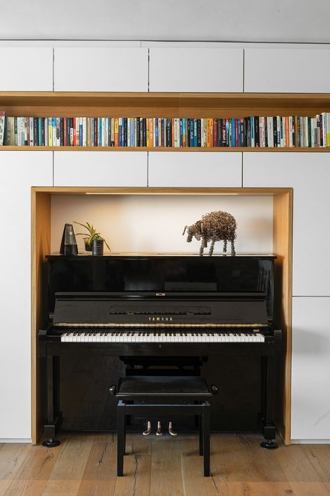 Rooms With Upright Pianos, Contemporary Piano Room, Piano Book Shelf, Piano In Alcove, Piano Library Wall, Piano In Bookcase, Pianino In Living Room, Piano Built In, Piano Alcove