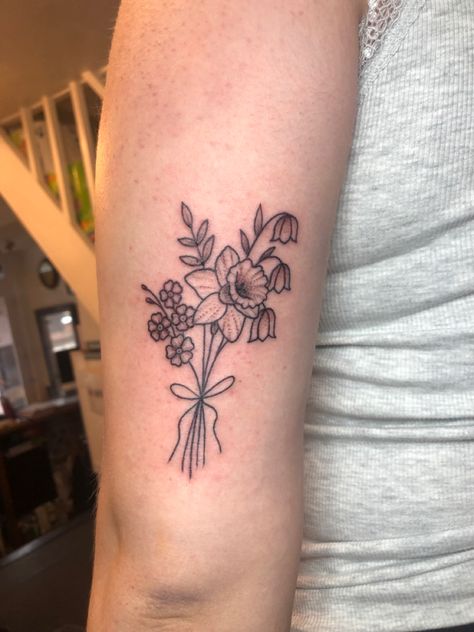 Daffodil Daisy Lily Of The Valley Tattoo, Daffodil Wrap Around Tattoo, Daffodil Memorial Tattoo, Daffodil And Cherry Blossom Tattoo, Lily Of The Valley And Daffodil Tattoo, Lily Of The Valley Bouquet Tattoo, Daffodil And Lily Of The Valley Tattoo, Daffodils Tattoo, Momma Tattoo