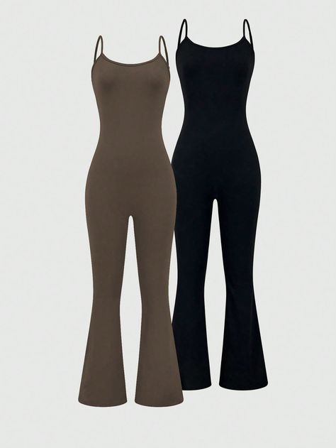 Multicolor Casual Collar Sleeveless Knitted Fabric Plain Other Embellished Medium Stretch  Women Clothing Flared Jumpsuit Outfit, Long Black Jumpsuit, Black Jumpsuit Outfit, Solid Color Jumpsuits, Long Jumpsuit, Flare Jumpsuit, Black Wide Leg Pants, Tennis Fashion, Jumpsuit Outfit