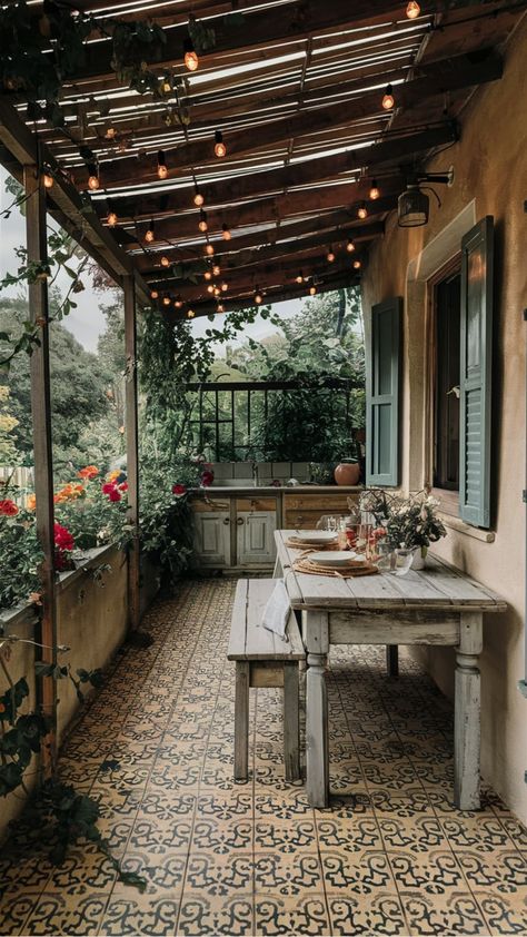 Discover beautiful rustic patio decor ideas to create the perfect outdoor retreat in your backyard. Transform your space with charming and cozy rustic patio furniture, lighting, and accessories. Embrace the natural elements and create a serene atmosphere for al fresco entertaining or simply relaxing in style. Whether you love vintage pieces, wooden accents, or earthy tones, there are endless possibilities to personalize your rustic patio oasis. Earthy Home Exterior, Rustic Patio Ideas, Rustic Patio Furniture, Patio Oasis, Patio Decor Ideas, Rustic Patio, Southwest Design, Outdoor Retreat, Small Patio