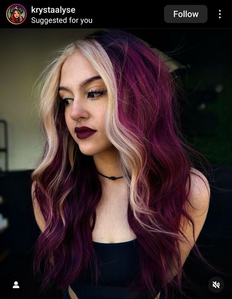 Wine Red And Purple Hair, Magenta Split Dye, Hair Color Blocking Ideas, Two Tone Purple Hair, Alternative Hair Dye, Purple Burgundy Hair, Physical Aesthetic, Split Hair Color, Raspberry Hair Color