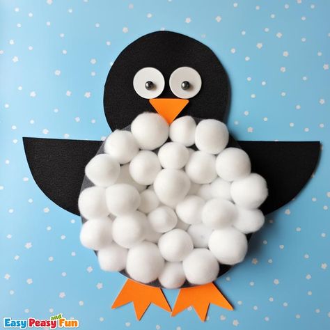 Pengui craft for kids to make, use cotton balls or tissue paper to make this fun winter craft with your little ones Cotton Work On Paper, Cotton Balls Crafts, Cotton Activities For Kids, Cotton Ball Crafts For Kids, Craft With Cotton, Cotton Ball Activities, Cotton Ball Snowman, Cotton Activity, Cotton Ball Crafts