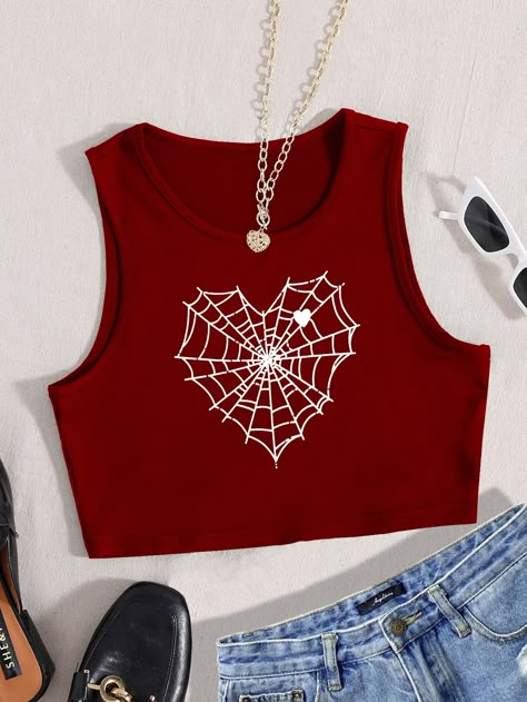 Cute Cropped Tank Tops, Marvel Crop Top, Spiderman Crop Top, Cute Aesthetic Tops, Top Corazon, Shein Tops Shirts, Shein Tank Tops, Cool Crop Tops, Spider Clothes