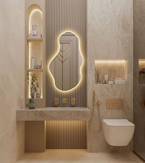 Amazon.com: FAWdecor Irregular Led Lighted Mirror for Bathroom, Asymmetrical Vanity Mirror with Lights, Washbasin Backlit Led Illuminated Wall Mirror (Warm Ligth, 74x130 cm | 29.1"x51.2") : Home & Kitchen Bathroom Mirror Asymmetrical, Toilet Mirror Ideas, Basin Ideas Bathroom, Wash Basin Mirror Design, Asymmetrical Vanity, Basin Mirror Design, Vanity Mirror Design, Powder Room Vanity Ideas, Irregular Mirrors