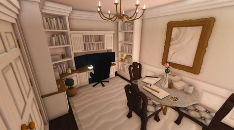 Blush Office Ideas, Bloxburg Coquette, Bloxburg Office, Blush Office, Blocksburg Room Ideas￼, House Decorating Ideas Apartments, Pink Office, Building Concept, Study Room Decor