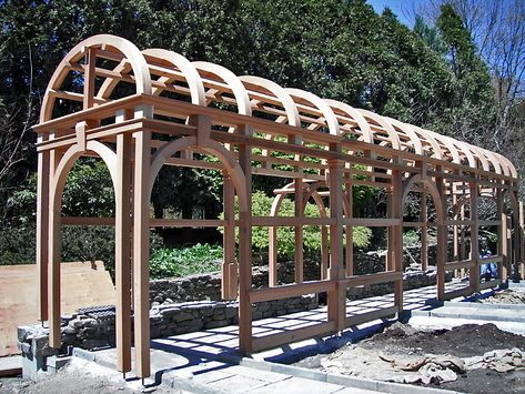 Timber Frame Pergolas & Pavilions | New Energy Works Japanese Timber Frame, Timber Frame Pergola, Modern Timber Frame, Timber Frame Pavilion, Pergola Plans Design, Outdoor Structure, Timber Frame Construction, Garden Entrance, Pergola Lighting