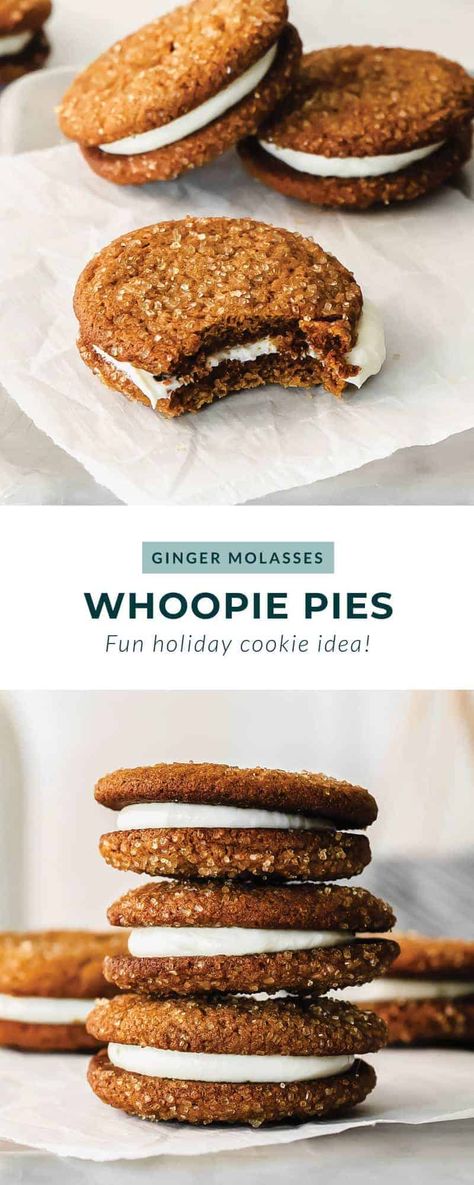 Delicious ginger whoopie pies are a great addition to any holiday gathering. Chewy Ginger Molasses Cookies, Whoopie Pie Filling, Soft Ginger Cookies, Whoopie Pie Recipe, Chocolate Whoopie Pies, Ginger Molasses, Best Holiday Cookies, Whoopie Pie, Ginger Molasses Cookies