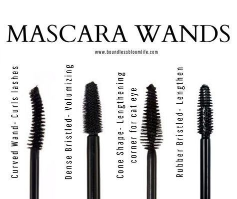 Mascara wand types. different mascara wands. what mascara wand should i use. curved mascara wand. maskcara wand to get more volume. cone shapes mascara wand to lengthen outside corners. rubber mascara wand to lengthen lashes. www.boundlessbloomlife.com Mascara Wands Types, Before And After Mascara, Mascara Wand Types, What Mascara Should I Use, Different Mascara, Eye Corner, Mascara Application, Minimalist Makeup, Curl Lashes