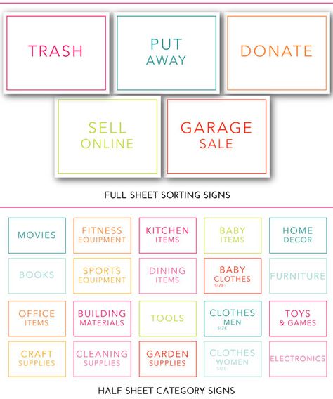 Printable Sorting Signs and Category Signs Garage Organization Category List, Garage Sale Categories, Yard Sale Categories, Free Garage Sale Printables, Garage Sale Printables, Yard Sale Clothes, Yard Sale Clothes Rack, Yard Sale Hacks, Yard Sale Organization