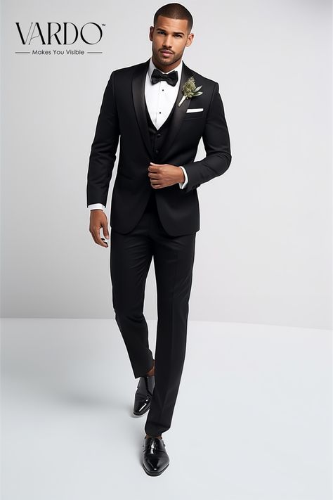 Black Three Piece Shawl lapel Suit, Black tuxedo. Black Tuxedo Wedding, Men's Tuxedo Wedding, Wedding Suits Men Black, Groom Suit Black, Black Men Suits, Event Attire, Sleek Wedding, Black Tie Attire, Black Suit Men