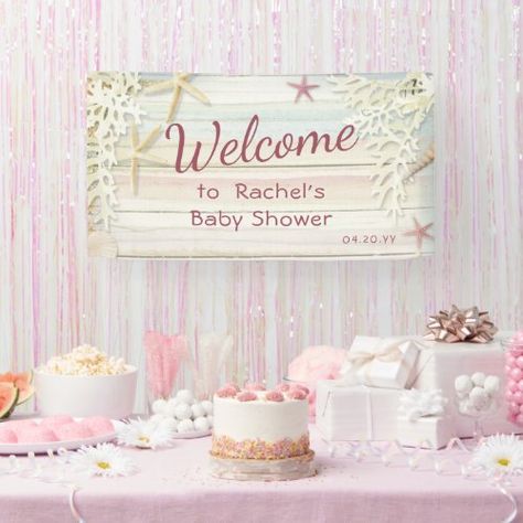 $17.50 | Tropical Beach Seashell Modern Boho Baby Shower #baby shower, welcome sign, boho, beach, tropical, watercolor, modern, rustic, girl, calligraphy Beach Baby Shower Theme, Baby Shower Banner Girl, Pink Calligraphy, Baby Shower Invites Neutral, Tropical Watercolor, Beach Shower, Modern Party, Pretty Beach