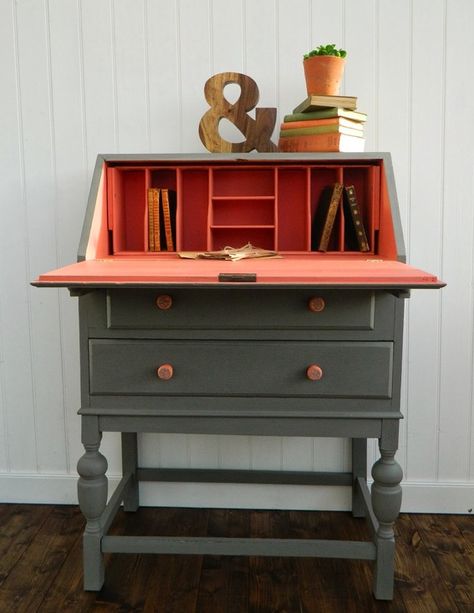 Painting furniture? Find your inspiration with these 19 pieces of furniture painted in unexpected ways. #["paint", "Painting", "dressers", "headboards", "Desk & Tables", "cabinets", "Furniture", "Roundup", "DIY", "How-To", "Furniture", "painted furniture", "Makeover", "redo", "colorful", "color", "paint"] Painted Desk, Desk Makeover, Miss Mustard Seeds, Secretary Desk, Mustard Seeds, Secretary Desks, Milk Paint, Furniture Restoration, Paint Furniture