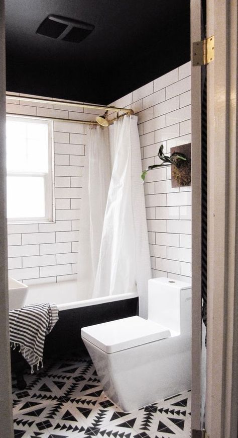 Black Ceilings Y'all | The Estate of Things Vanity Diy, Dark Ceiling, White Toilet, White Bathroom Tiles, Old Bathroom, Bathroom Paint Colors, Bathroom Ceiling, Gorgeous Bathroom, Black Ceiling