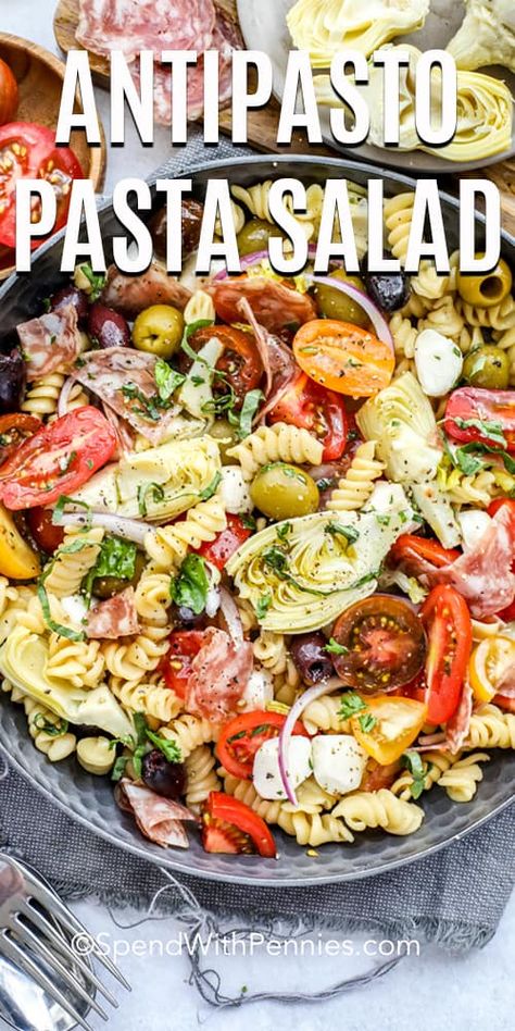 This easy antipasto pasta salad recipe is made with cherry tomatoes, pasta, meat, cheese, and homemade Italian dressing!  This fun pasta salad is full of colors and is one of the best dishes to bring to a summer picnic or barbecue!  #spendwithpennies #antipastopastasalad #pastasalad #sidedish #Italian Cherry Tomatoes Pasta, Easy Antipasto, Antipasto Pasta Salad, Antipasto Pasta, Fun Pasta, Antipasto Pasta Salads, Makanan Italia, Resep Pasta, Homemade Italian Dressing