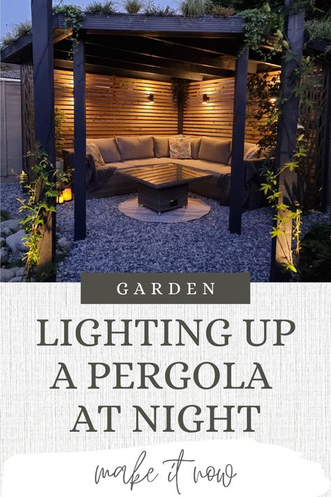 Transform your garden pergola into a stunning and inviting space with our garden lighting ideas! Discover modern garden lighting solutions and learn how to install solar garden lighting, garden lanterns, and more. Our lighting ideas for a pergola will help you create the perfect ambience for relaxing or entertaining in the garden at night. Follow our step-by-step guide and learn how to light up your garden pergola like a pro. Visit Renovation Bay-Bee today and get inspired! Pergola Festoon Lighting, Front Yard Pergola Porch Ideas Modern, Back Garden Lighting Ideas, Pergola Lighting Ideas Night, Garden Fence Lights, Pergola Lighting Ideas Lanterns, Solar Garden Lights Ideas, Front Garden Lighting Ideas, Pergola Lights Ideas