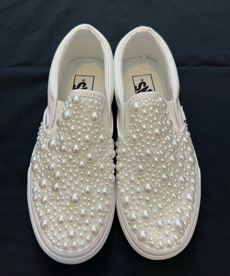 Pearl Embellished Vans Custom Wedding Slip on Vans Custom - Etsy UK Rhinestone Vans, Pearl Vans, Bridal Tennis Shoes, Wedding Sneakers For Bride, Pearl Sneakers, Wedding Vans, White Slip On Vans, Vans Custom, Platform Vans