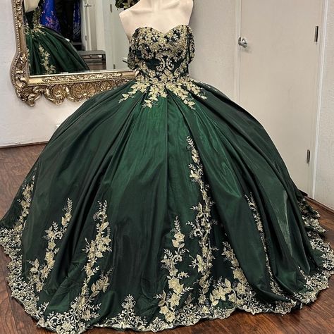 Hunter Green Ball Gown Quinceanera Dresses 2024 Beads Sequins Appliques Lace Vestidos De 15 Anos Sparkly Quinceanera Dresses, Green Quinceanera, Green Quinceanera Dresses, Floral Ball Gown, Off Shoulder Ball Gown, Sequin Ball Gown, Mary's Bridal, Emerald Dresses, Pretty Quinceanera Dresses