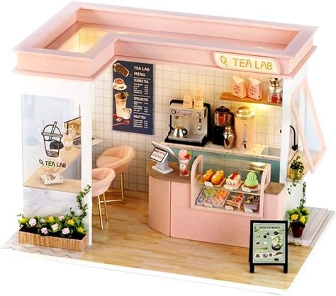 Amazon.com: Flever Dollhouse Miniature DIY House Kit Creative Room with Furniture for Romantic Valentine's Gift (Sunshine Tea Station) : Toys & Games Mini Furniture Diy, Cafe Miniature, Dollhouse Cafe, Diy Mini House, Miniature Cafe, Mini Bakery, Barbie Crafts, Mini Room, Mini Cafe