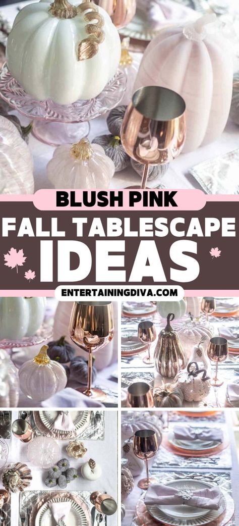 Beautiful Fall Tablescape With Blush Pink Pumpkins | Fall Decor Pink Thanksgiving Tablescape, Pink Fall Tablescapes, Pink Thanksgiving Table, Pink Fall Decor, Autumn Table Setting, Pink Thanksgiving, Pink Tablescape, Thanksgiving Entertaining, Pink Tablecloth