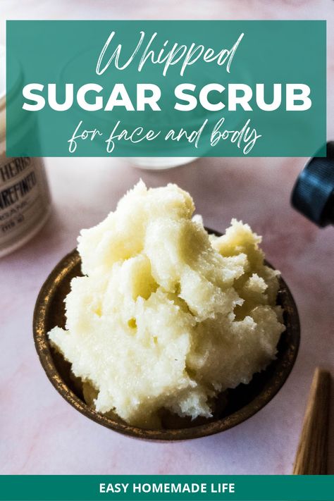 This homemade Whipped Sugar Scrub Recipe will leave your skin feeling soft and supple and wondering why you did not make it sooner! This easy recipe has five natural ingredients and will whip up in minutes. Gift a jar to your loved one for any special occasion, including holiday gift-giving. Nothing is sweeter than a surprise shea butter scrub made with love! Shea Butter Scrub Recipe, Whipped Body Scrub Diy, Diy Sugar Scrub Coconut Oil, Diy Whipped Sugar Scrub, Whipped Sugar Scrub Recipe, Shea Butter Scrub, Shea Butter Body Scrub, Shea Butter Diy, Spa Treats