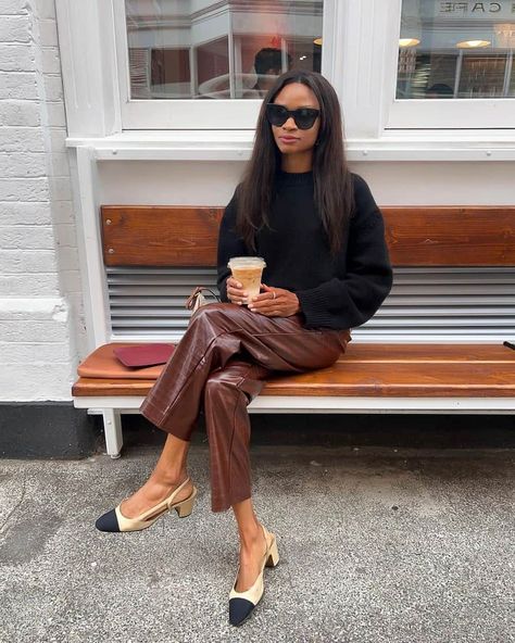 What To Wear To The Symphony Outfit Classy, Symphony Of Silk, Brown Pants Outfit Ideas, Brown Trousers Outfit, How To Style Brown Pants, Silk Pants Outfit, Brown Leather Pants Outfit, Brown Jeans Outfit, Cafe Outfit