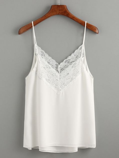 $12 Shop Contrast Lace Cami Top online. SheIn offers Contrast Lace Cami Top & more to fit your fashionable needs. Chiffon Cami Tops, White Lace Cami Top, White Cami Tops, Cami Outfit, White Lace Cami, White Tank Top Women, Chiffon Tank Tops, Modern Womens Fashion, Lace Cami Top