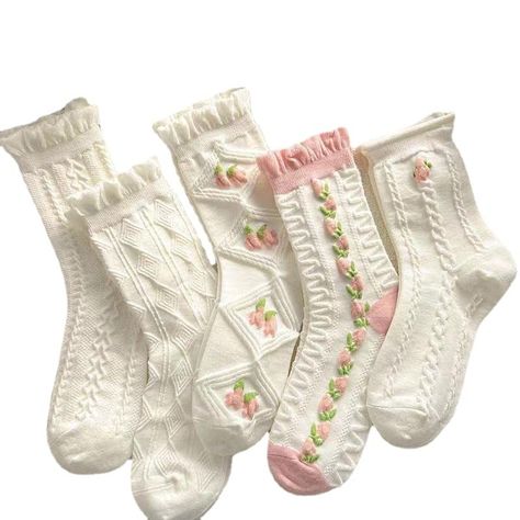 Flower Socks, Corak Bunga, Floral Socks, Ruffled Socks, 일본 패션, Women Crew Socks, Lace Socks, White Socks, Cute Socks