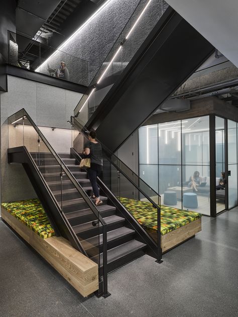 Stairway Modern Industrial Staircase, Handrails For Stairs Modern, Office Stairs Design, Office Staircase Design, Office Staircase, Stairs Office, Office Stairs, Commercial Stairs, Office Inspiration Workspaces