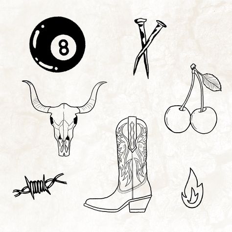 8 ball, nails, cow skull, cherries, barbwire, cowboy boot & flame small flash tattoo designs, ig: sianytattoos Skull Cow Tattoo, Aztec Flash Tattoo, Cowboy Minimalist Tattoo, Classy Western Tattoos, Fine Line Cow Skull Tattoo, Cowboy Flash Art, Small Barbwire Tattoo, Finger Tattoo Designs Ideas, Cow Skull Finger Tattoo